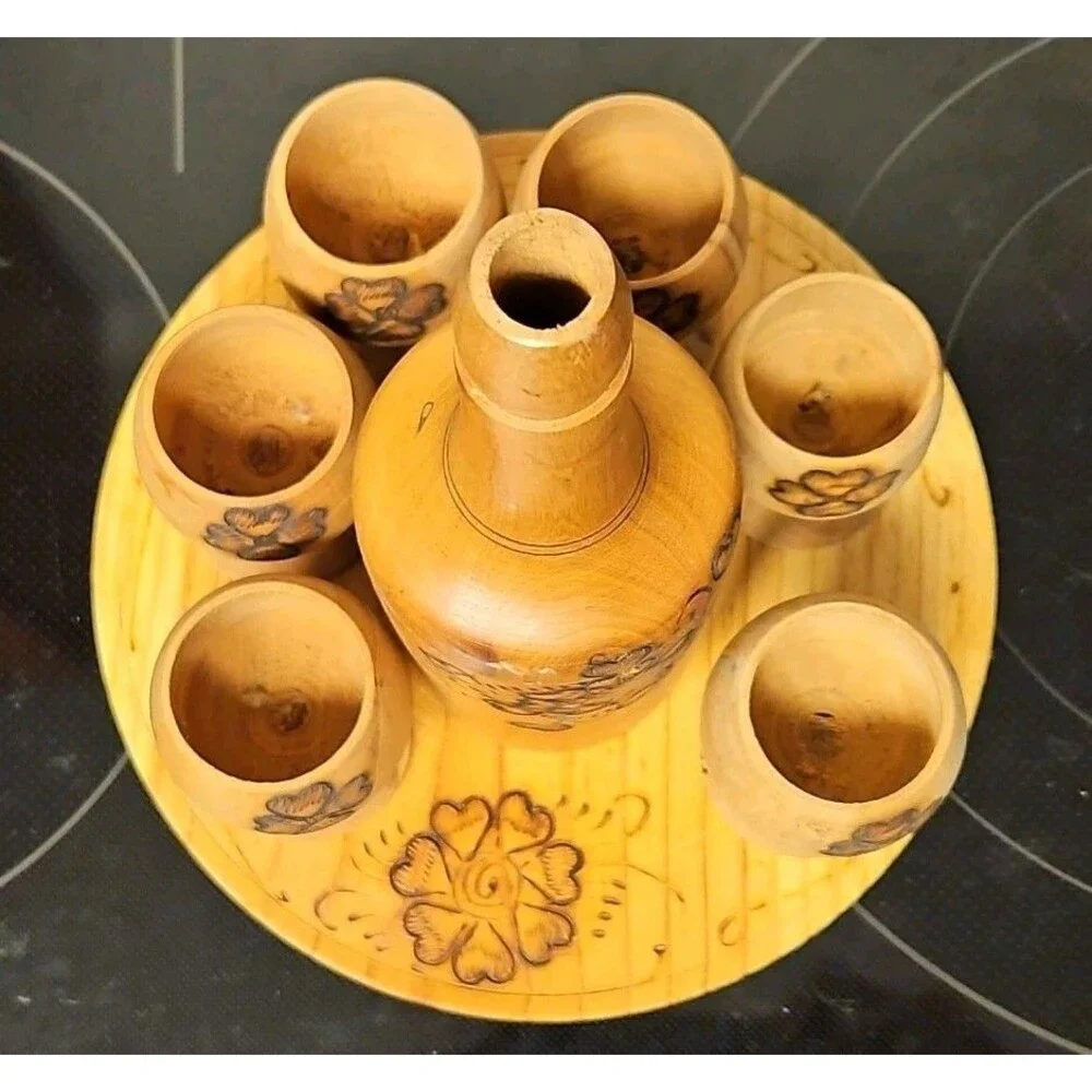 Vintage Burnt Wooden Pyrography Folk Art Decanter w\ Small Platter and 6 Goblets